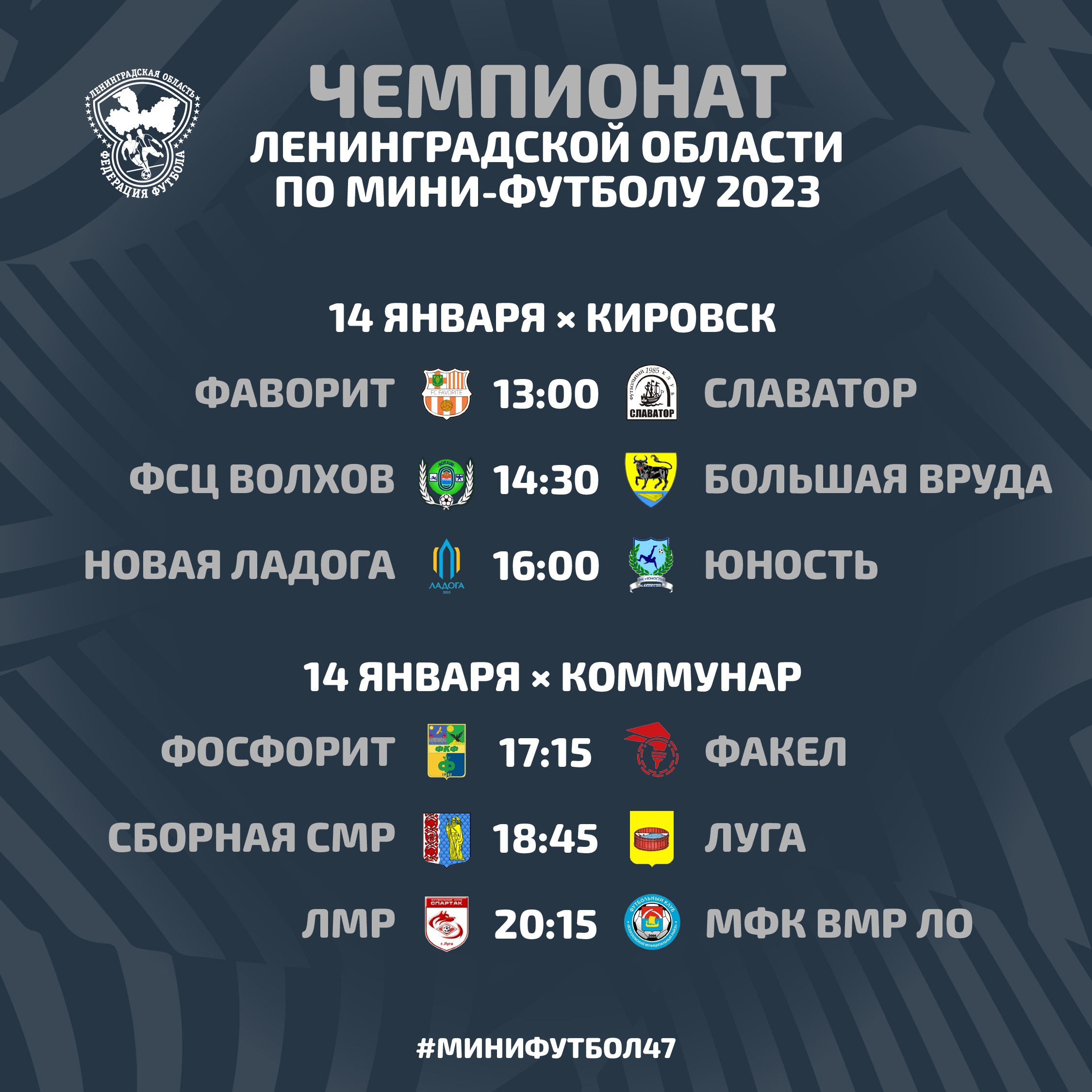 14 января состоится первый тур чемпионата по мини-футболу Ленинградской области